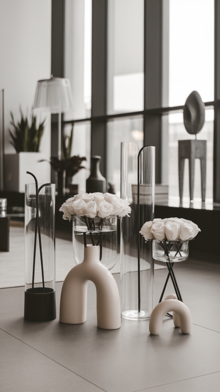 This modern living room exudes sophistication with its striking black and white palette, where sleek lines and minimalist design harmonize beautifully. Contemporary glass and ceramic vases, with their smooth curves, grace the floor, showcasing elegant bouquets of pristine white roses that add a touch of freshness. Bathed in natural light streaming through a large window, the space feels airy and inviting, while carefully curated decorative items-a stylish lamp, a vibrant plant, and an artistic sculpture-infuse personality and warmth into the chic ambiance.