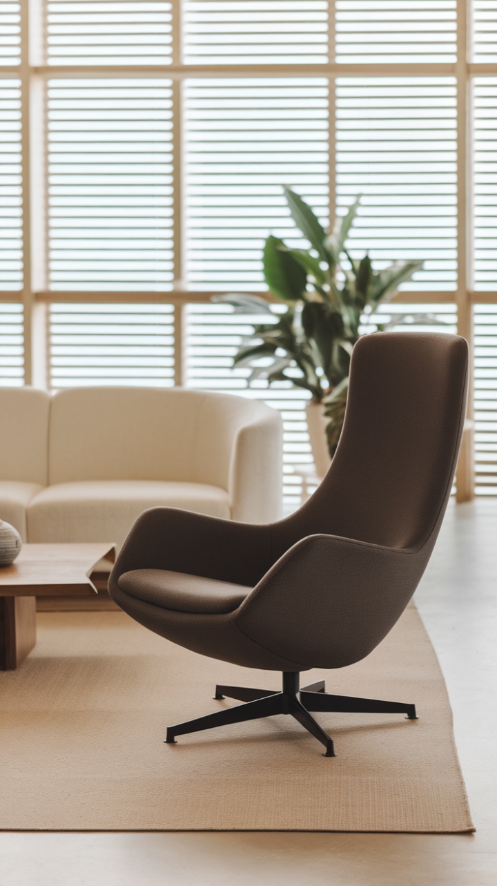 This contemporary lounge chair, with its sleek ergonomic design and rich dark grey upholstery, serves as a striking focal point in a minimalist living room that exudes sophistication. Nestled atop a soft beige rug, the chair invites relaxation while harmonizing beautifully with the crisp white sofa and warm wooden coffee table in the background. A potted plant adds a touch of nature, while the large windows adorned with wooden blinds allow natural light to filter in, creating an inviting atmosphere that perfectly balances comfort and style.