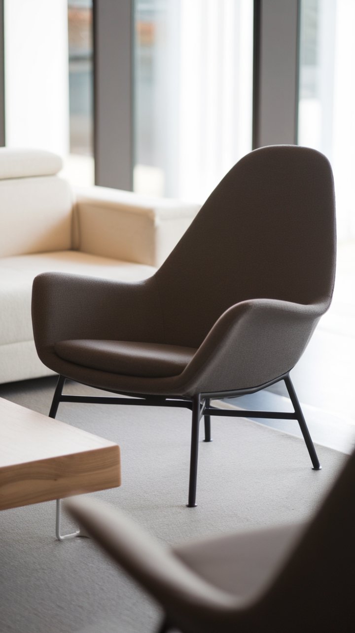 The sleek contemporary lounge chair, draped in a sophisticated dark grey fabric, showcases a beautifully curved silhouette that harmonizes with the minimalist aesthetic of the spacious living room. With a white sofa and a rustic wooden coffee table complementing its design, the room is illuminated by abundant natural light streaming through a large window, creating an inviting atmosphere that balances modern elegance with cozy charm.
