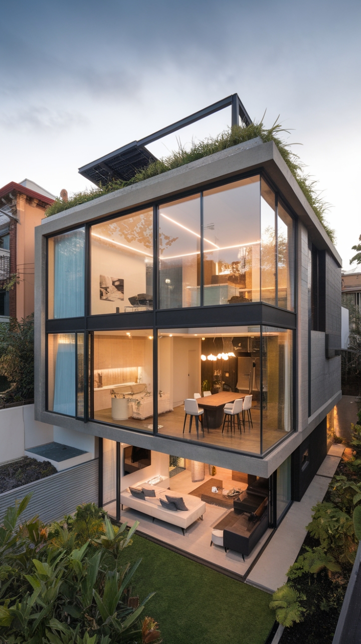 This contemporary urban residence showcases a stunning blend of modern architecture and minimalist design, where sleek lines and an open floor plan create an inviting atmosphere. The innovative use of glass, steel, and concrete not only enhances the aesthetic appeal but also emphasizes sustainability, featuring a lush green roof and solar panels that harmonize with the environment. Inside, stylish living spaces unfold, including a chic living room, a state-of-the-art kitchen, a serene bedroom, and a spa-like bathroom, each thoughtfully designed to promote both comfort and elegance.