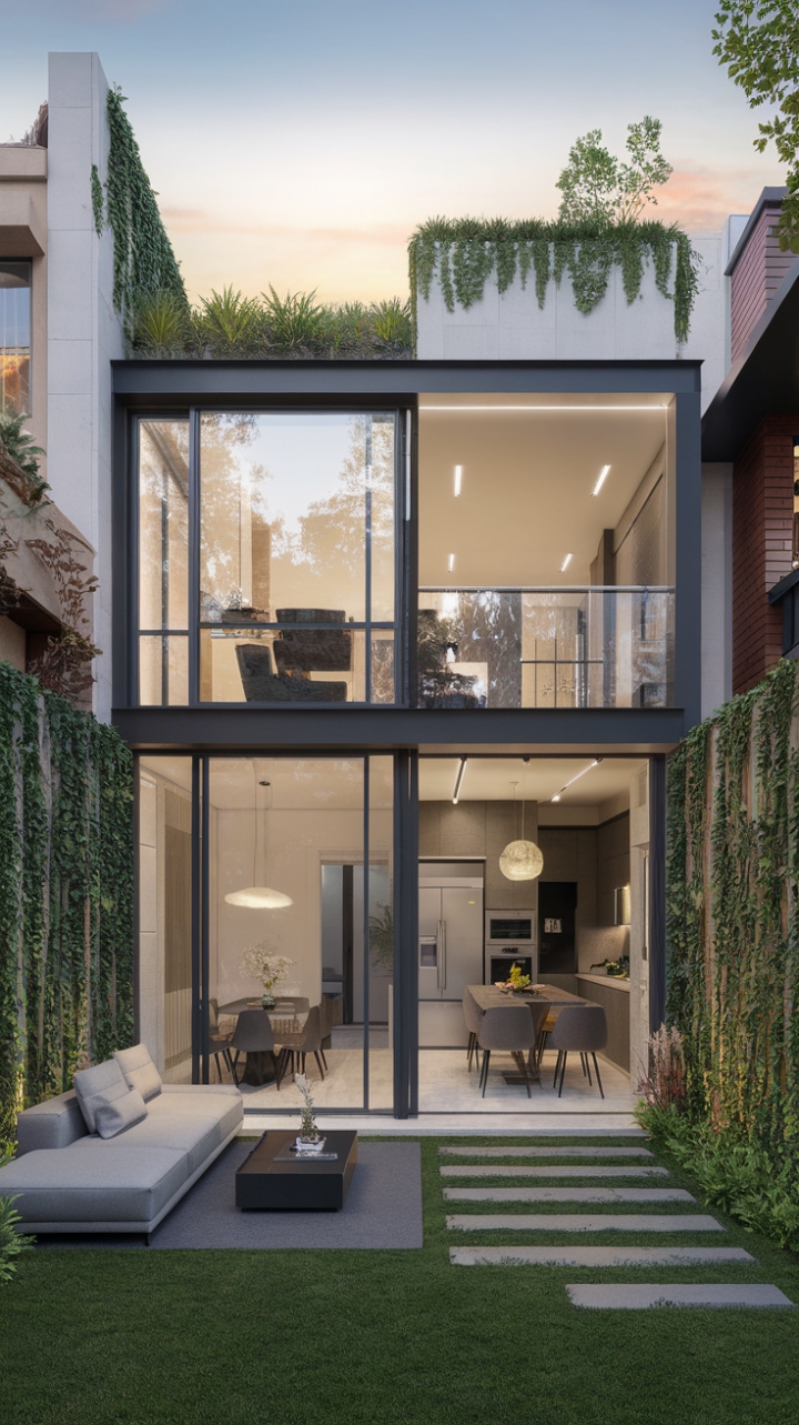 This contemporary home is a masterpiece of modern architecture, defined by its minimalist design and open floor plan that invites natural light to dance through its sleek interiors. Crafted with innovative materials such as glass, steel, and concrete, this sustainable residence is adorned with greenery that climbs the exterior walls, seamlessly integrating nature into urban life. Inside, the stylish living spaces boast a comfortable sofa and chic coffee table in the living room, a sophisticated dining area, and a kitchen outfitted with the latest appliances, all set against a backdrop of vibrant urban residences that enhance its contemporary charm.