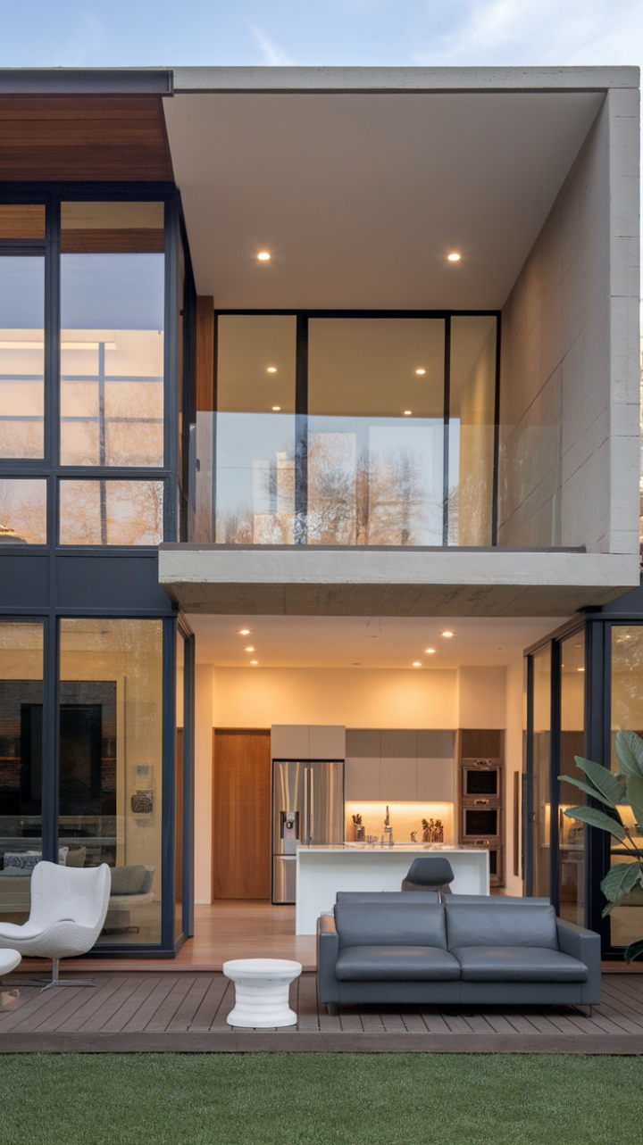 Imagine waking up in this light-filled haven. Innovative materials-glass, wood, and concrete-form a stunning exterior, while inside, a minimalist aesthetic reigns supreme. The open floor plan maximizes space and light, highlighting the modern kitchen's stainless steel accents and white island. A gray sofa and white chair invite relaxation in the stylish living area, complemented by a potted plant and warm wood floors. Pure contemporary perfection.