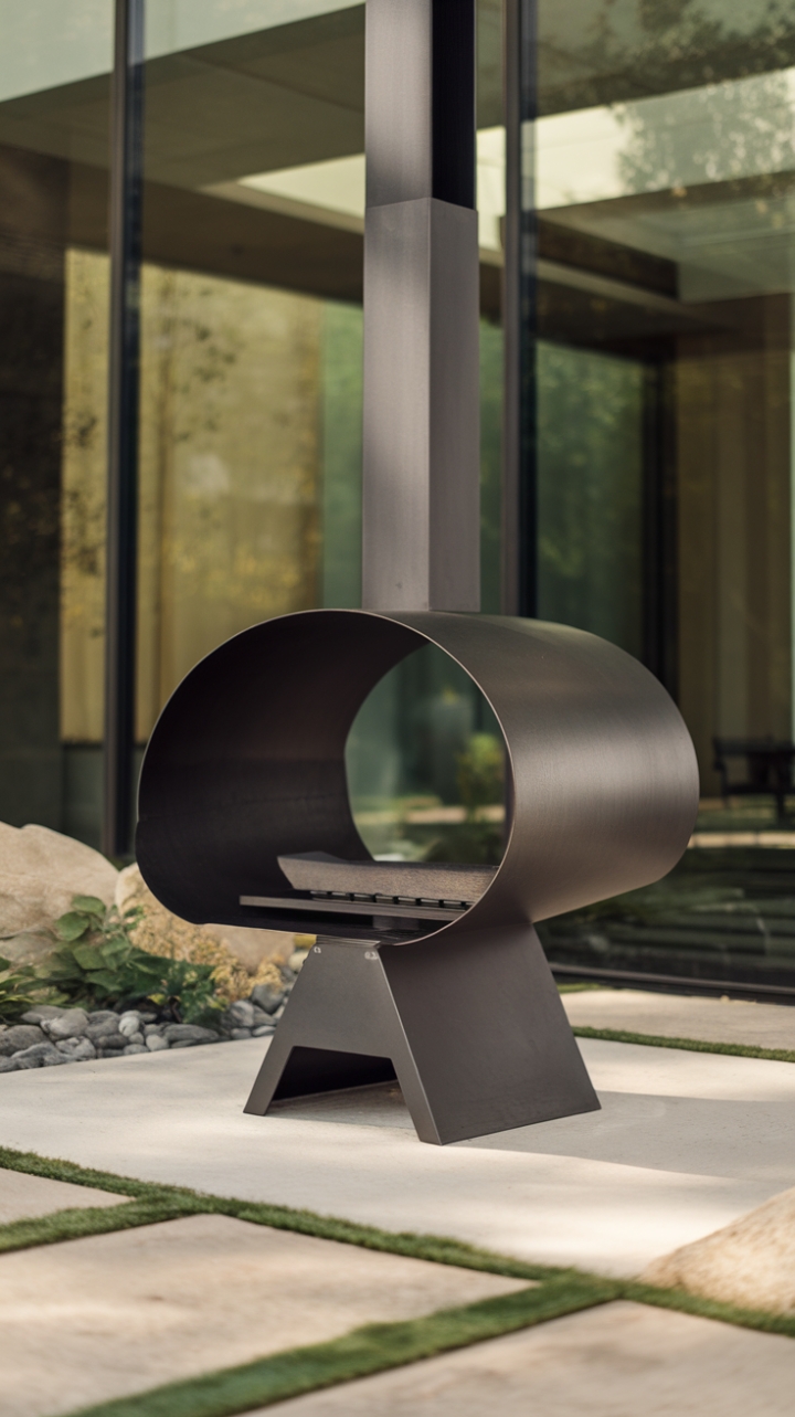 With its clean lines and understated elegance, this contemporary outdoor fireplace redefines outdoor living, offering a perfect blend of style and functionality. Nestled on a solid concrete base, it harmonizes beautifully with the surrounding garden, where vibrant greenery and carefully placed rocks create a tranquil atmosphere. The modern architectural building in the background, adorned with large windows, complements the fireplace's sleek design, while the gentle, ambient lighting sets the stage for intimate gatherings and peaceful moments spent outdoors.
