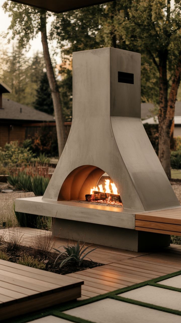 Indulge in the warmth of minimalist luxury. This concrete outdoor fireplace, perched on a wooden platform with a built-in bench, offers a sophisticated sanctuary for al fresco evenings. The surrounding garden and tranquil backdrop create an ambiance of serene sophistication.