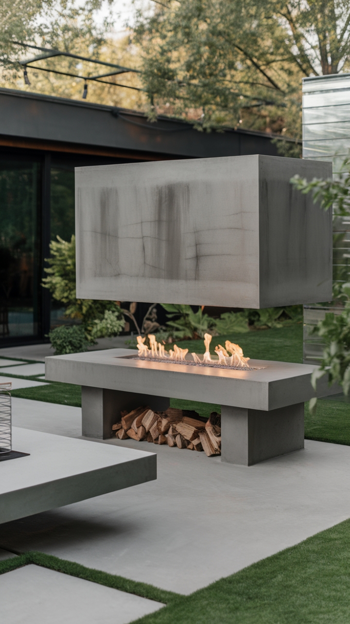 Modern minimalist design meets outdoor luxury. This concrete fireplace, a study in understated elegance, creates a captivating focal point amidst a vibrant garden. The seamless integration of the fireplace and patio, complemented by a stylish heater, promises endless nights of comfortable outdoor entertaining.