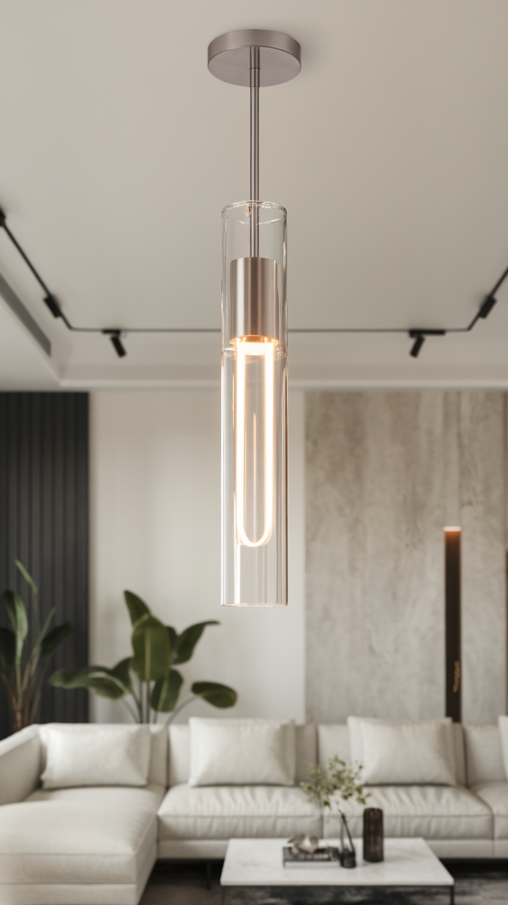 Sculptural simplicity meets modern elegance. This cylindrical glass pendant light anchors the airy living space, its minimalist form a perfect counterpoint to the plush white sofa and verdant greenery.