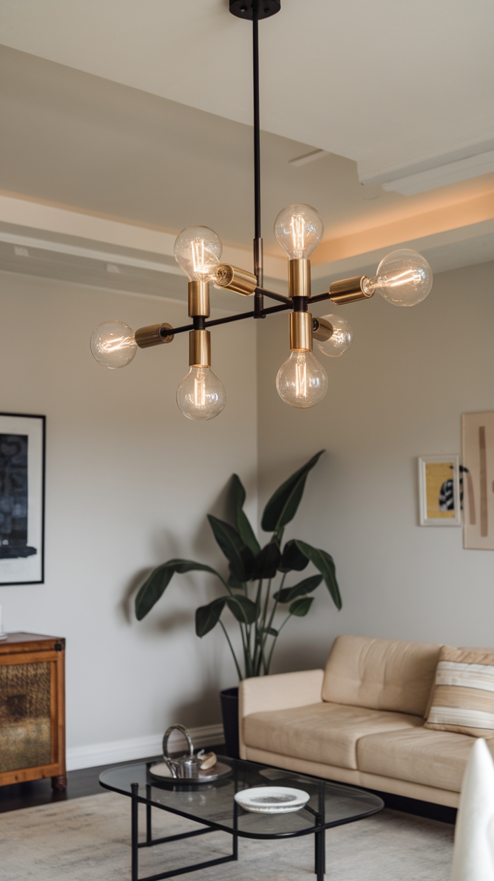 In this chic modern space, a stunning lighting fixture steals the spotlight, its sleek glass and metal design casting a warm glow across the room. The multiple bulbs create an inviting ambiance, perfectly complementing the soft beige sofa and minimalist coffee table below. A vibrant potted plant adds a touch of nature, while the white walls adorned with curated artworks provide a stylish backdrop. The plush rug underfoot ties the whole look together, making this room a harmonious blend of comfort and contemporary elegance.