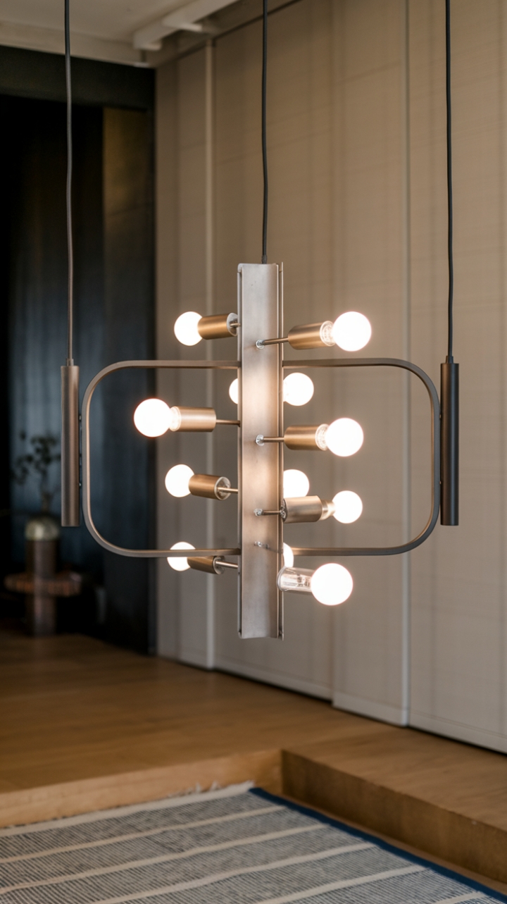 A stunning lighting fixture commands attention with its sleek design and multiple bulbs, casting a warm glow that enhances the contemporary ambiance of the room. Crafted from modern materials, it harmonizes beautifully with the minimalist pendant that frames it, creating a striking focal point above. The rich wooden floor and intricately patterned rug beneath add depth and texture, making this space a perfect blend of sophistication and comfort.