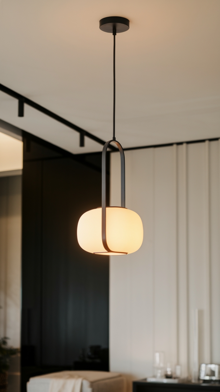 A single, striking pendant light-sleek black metal cradling a soft, white orb-anchors this contemporary scene. The warm light it emits speaks volumes about understated elegance and refined design.