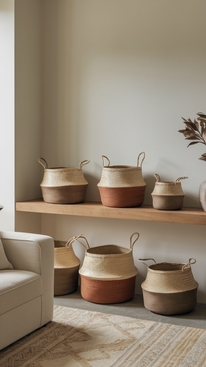 In this beautifully curated living room, minimalist aesthetics shine through with a focus on natural textures and soothing tones. The wooden shelf, adorned with an assortment of contemporary baskets in varying sizes, brings a tactile element to the space, while their earthy beige and brown hues harmonize with the soft beige rug beneath. A plush white sofa serves as a focal point, inviting relaxation, while thoughtfully placed decorative items add just the right amount of personality. With its crisp white walls, this room radiates a calm and inviting atmosphere, making it an ideal sanctuary for modern living.