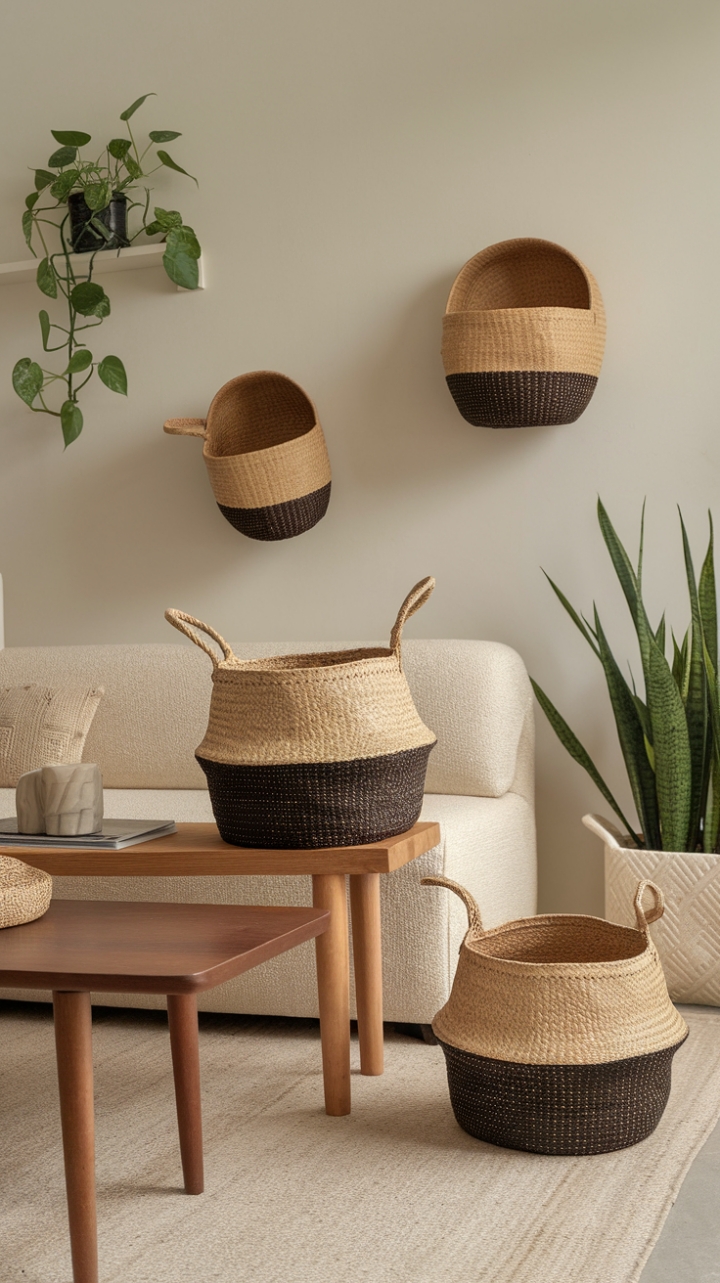 Unwind in this minimalist haven, where handcrafted woven baskets add organic texture and warmth to the neutral palette. The subtle interplay of natural materials creates a serene and inviting atmosphere.
