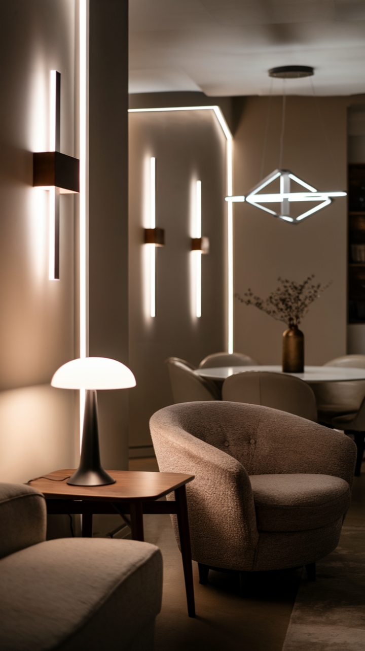 Modern sanctuary: Discover the art of ambient lighting in this contemporary haven. Innovative fixtures transform a simple living and dining area into a haven of sophisticated comfort, where plush textures meet clean lines and a warm, inviting atmosphere reigns supreme.