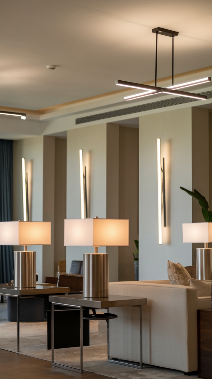 Modern minimalism meets incandescent glamour. This living room's carefully curated lighting scheme – from the subtle glow of bedside lamps to the dazzling brilliance of a central chandelier – transforms a neutral palette into a breathtaking spectacle of contemporary style. The result? A space that's both serene and strikingly chic.