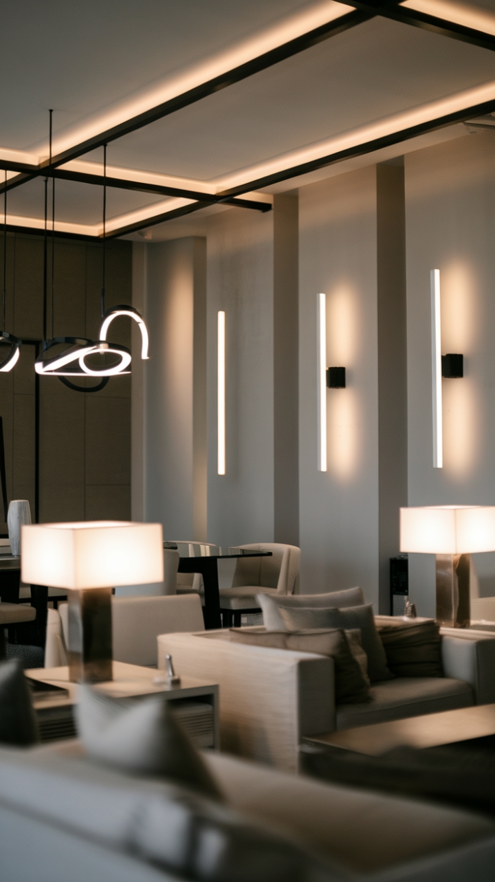 Illuminating Innovation: A minimalist haven where cutting-edge lighting design takes center stage. Sleek lamps, contemporary chandeliers, and innovative wall sconces orchestrate a symphony of light, transforming this modern living space into a breathtaking spectacle of form and function.