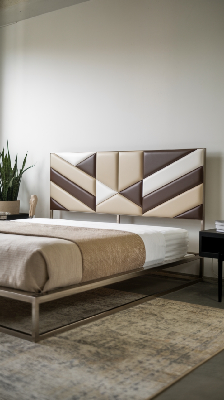 A harmonious blend of modern aesthetics and comfort defines this contemporary bedroom, where a geometric-patterned headboard in beige, brown, and white serves as a stunning focal point. The sleek metal bed frame in matte black adds a bold touch, while the plush beige area rug underfoot invites relaxation. A minimalist black bedside table stands out against the pristine white walls, and a lush potted plant brings life to the space. Soft lighting envelops the room, creating an inviting atmosphere that beckons for restful nights and rejuvenating mornings.