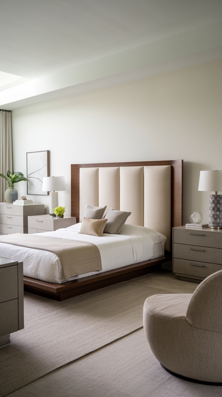 Find your peaceful escape in this contemporary bedroom. Neutral tones create a soothing atmosphere, while the carefully curated pieces-from the elegant wooden headboard to the plush gray accent chair-add personality without sacrificing serenity. A perfect blend of style and comfort awaits.