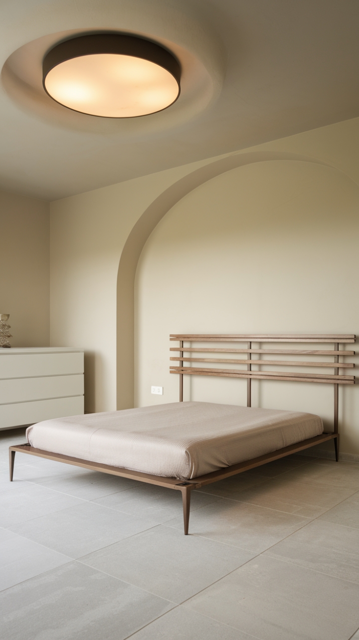 A harmonious blend of modern design and tranquil tones defines this contemporary bedroom, where a minimalist wooden headboard with horizontal slats meets a chic matte black metal bed frame, creating a striking focal point. The soft beige walls and light gray tiled flooring work in tandem to create an inviting atmosphere, while a sleek white dresser adds a touch of elegance. A large, round ceiling light fixture bathes the room in a warm glow, making this space a perfect retreat for relaxation and rejuvenation.