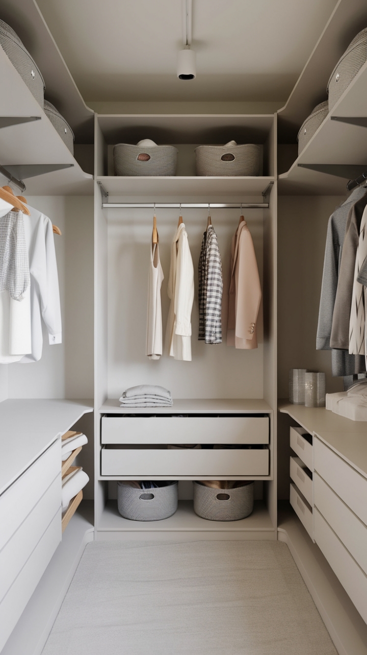 Unveiling a sanctuary of style: This contemporary walk-in closet redefines organized luxury. Clean lines, a calming white palette, and warm wood accents create a space where fashion meets functional beauty. Every detail, from the sleek storage system to the thoughtfully placed baskets, speaks to a life lived with intention and impeccable taste.