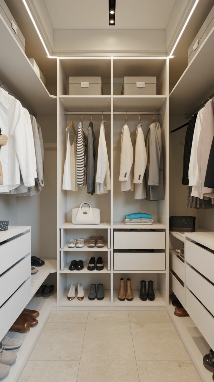 Dreamy minimalism meets functional perfection in this stunning walk-in closet. Clean lines, a calming white palette, and thoughtful storage solutions-from hanging rods to perfectly placed drawers-transform everyday organization into an art form. Subtle wood details add warmth, while the beige tile floor grounds the space in understated chic.
