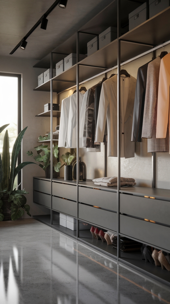A vision of modern elegance, this walk-in closet features a minimalist aesthetic that highlights a stunning array of designer garments hanging gracefully on sleek rods. The polished concrete floor adds an industrial edge, while built-in shelves offer both functionality and style. Lush greenery and a contemporary lamp enhance the ambiance, making this closet not just a storage space, but a serene retreat that embodies the perfect blend of fashion and design.