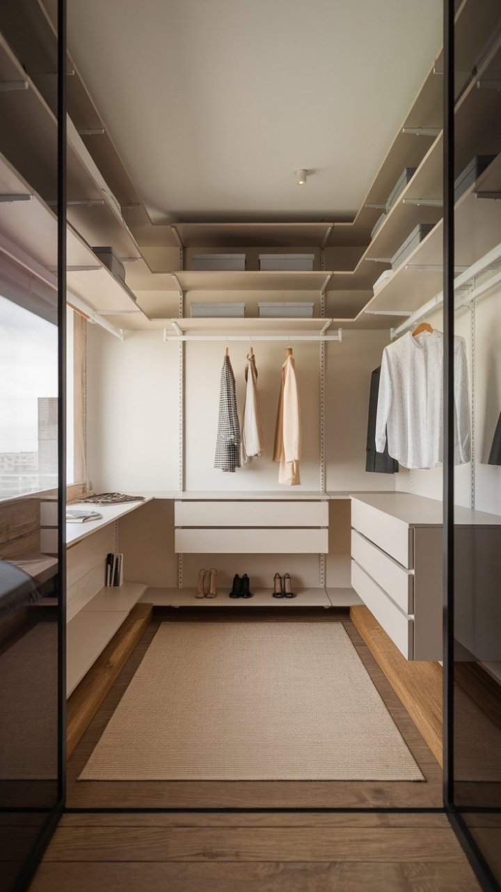 Modern minimalism meets luxurious practicality. Clean lines and a neutral palette create a sophisticated space where every detail is considered. From the warm wooden floors to the thoughtfully designed storage solutions, this closet is a testament to the art of understated elegance. A glimpse into a bedroom beyond adds a touch of inviting intimacy.