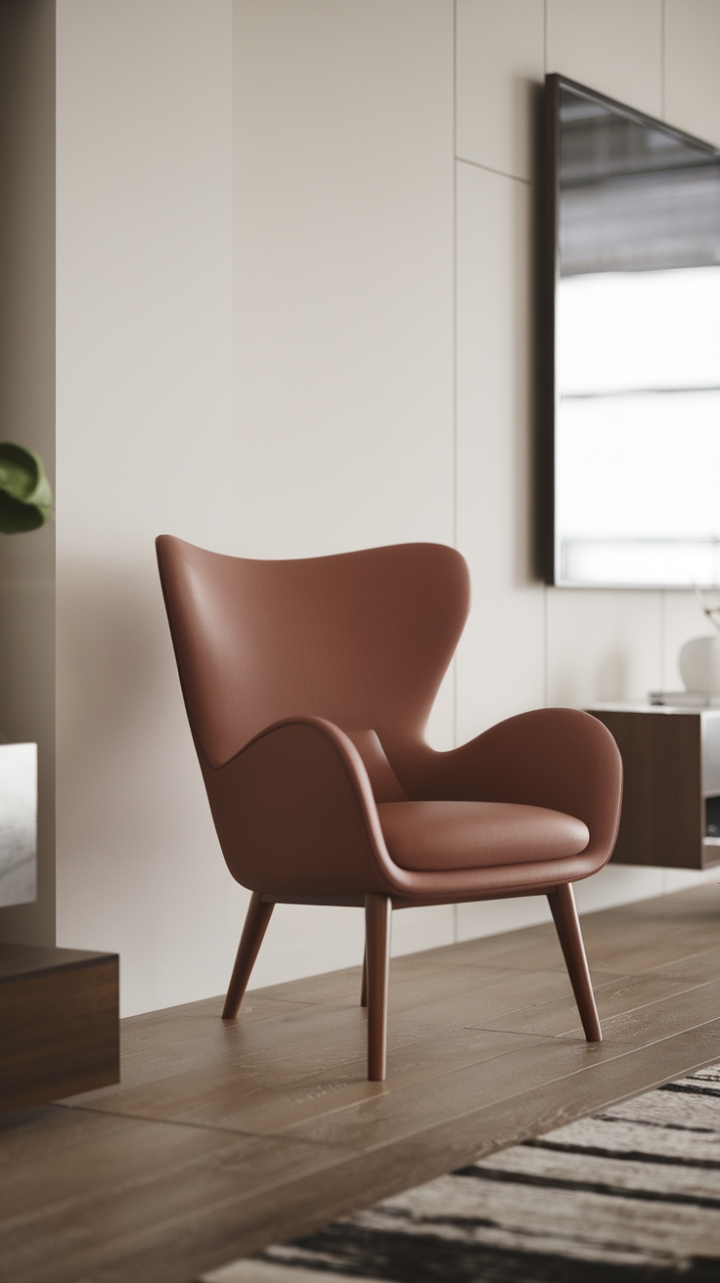 A symphony of modern minimalism unfolds in this living area. The focal point? A breathtaking contemporary armchair, its graceful silhouette a study in refined simplicity. The chair's rich wood legs and gently curving backrest create a captivating contrast against the clean white walls and light wood floors, resulting in a space that is both calming and utterly chic.