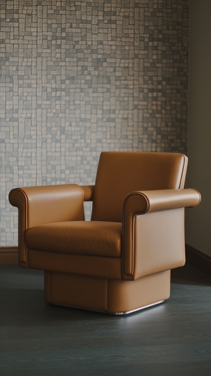 A symphony of textures and shapes: the sleek lines of the armchair contrast beautifully with the bold wallpaper, creating a dynamic focal point in this sophisticated space. The dark wood floor grounds the design, adding a touch of understated luxury.