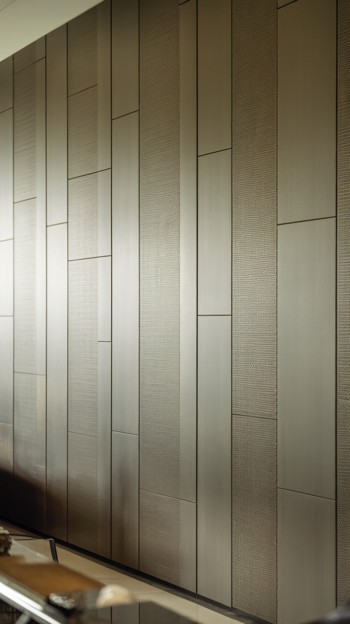 Reimagine your walls with this striking contemporary paneling. The sleek, metallic finish and intriguing texture create a captivating focal point, perfectly complementing the clean lines of the minimalist furniture. A statement piece for the discerning homeowner.
