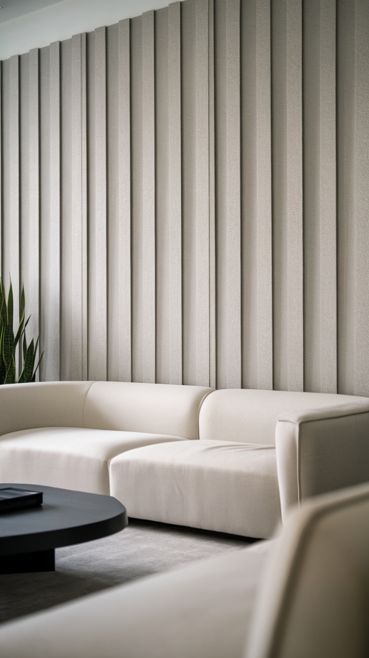 This contemporary living room exudes sophistication with its striking textured wall panels in a soft grayish-white hue, creating a stunning backdrop for the sleek white sofa and chic black coffee table. The unique wavy design of the panels adds depth and visual interest, transforming the entire wall into a captivating architectural feature. Minimalist in style, the space is thoughtfully curated with just a few essential pieces of furniture and a vibrant green plant, harmonizing simplicity with elegance for a serene yet stylish atmosphere.
