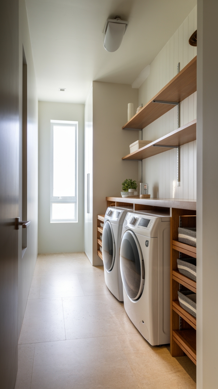 This contemporary laundry room embodies the essence of modern minimalism, featuring a sleek layout that maximizes both style and functionality. The pristine white walls create a bright and airy atmosphere, while the warm wooden shelves above the side-by-side washer and dryer offer practical storage solutions without compromising on aesthetics. The beige tiled floor adds a touch of warmth, harmonizing beautifully with the chic design. A small window near the door invites natural light, enhancing the room's inviting ambiance and showcasing innovative laundry solutions that make chores feel less like a task and more like a seamless part of home life.