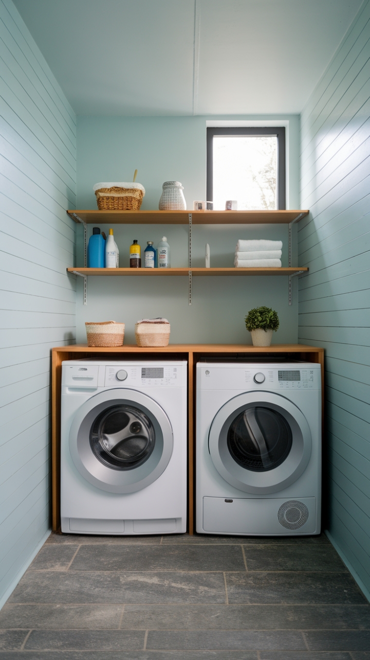 In this chic laundry room, minimalist design meets practicality, featuring a pair of white appliances that seamlessly blend into the space. Above, a rustic wooden shelf holds essential cleaning supplies, adding a warm contrast to the cool grey tiles below. The light blue walls create a soothing backdrop, while a high window invites streams of natural light, illuminating the room and transforming the mundane task of laundry into a bright and inviting chore.