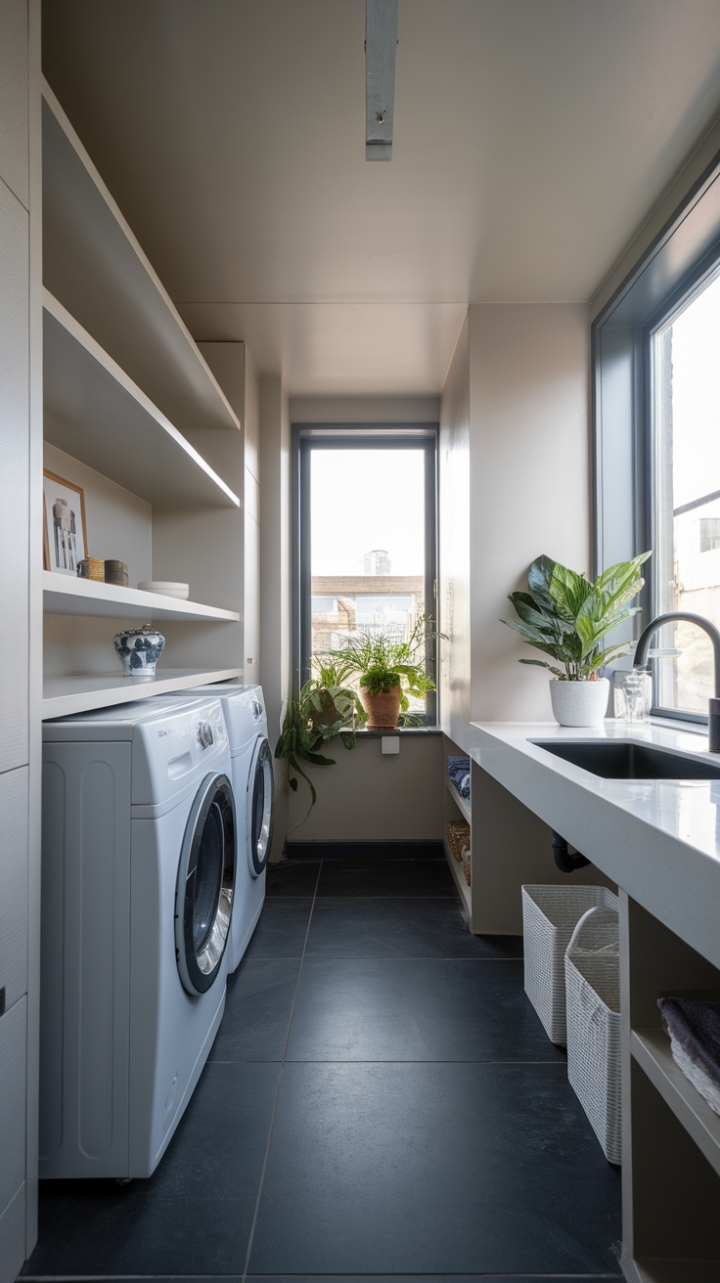 A stunning blend of functionality and style, this modern laundry room showcases a sleek white washing machine and dryer, perfectly positioned on a pristine white countertop that features a striking black sink. The dark grey floor grounds the space, while light grey walls create an airy backdrop, enhanced by the gentle glow of natural light streaming through the nearby window. A few carefully placed potted plants bring a refreshing touch of nature, making this laundry room not just a place for chores, but a serene retreat that redefines the everyday experience.