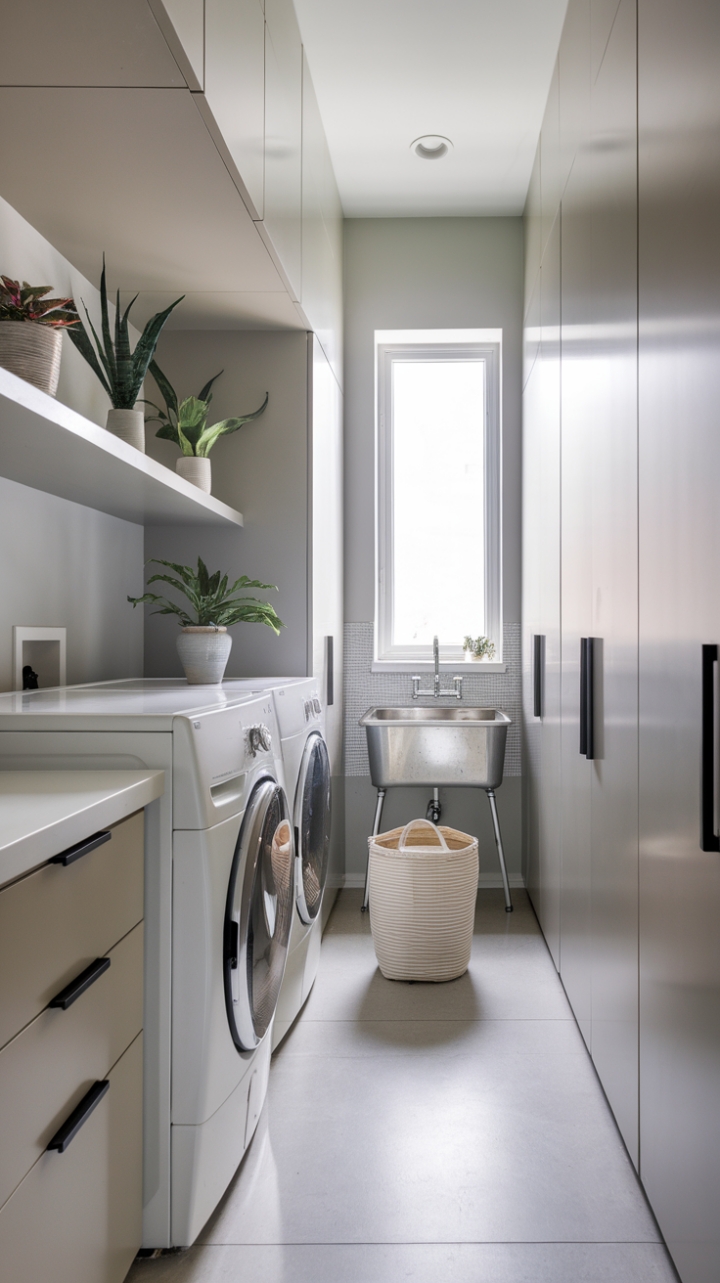 With its chic and streamlined design, this contemporary laundry room transforms a typically mundane space into a stylish sanctuary. The harmonious blend of white and light gray walls and cabinets creates a soothing atmosphere, while the front-loading washer and dryer, neatly placed side by side, serve as the room's functional centerpiece. Above them, a shelf adorned with decorative potted plants brings a refreshing touch of nature indoors, enhancing the overall aesthetic. A thoughtfully positioned utility sink, paired with a window that invites natural light, adds both practicality and warmth, making this laundry room a delightful retreat for all your washing needs.