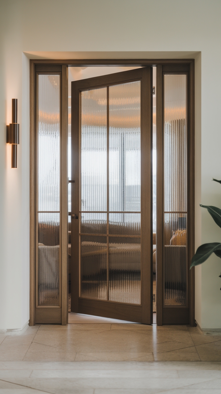 With its minimalist design, this elegant interior door not only enhances the aesthetic of the entryway but also seamlessly connects spaces, showcasing a beautiful interplay of light and texture. The inviting ambiance of the adjoining room, featuring a stylish sofa and a touch of greenery, beckons you to explore the serene retreat that lies within.
