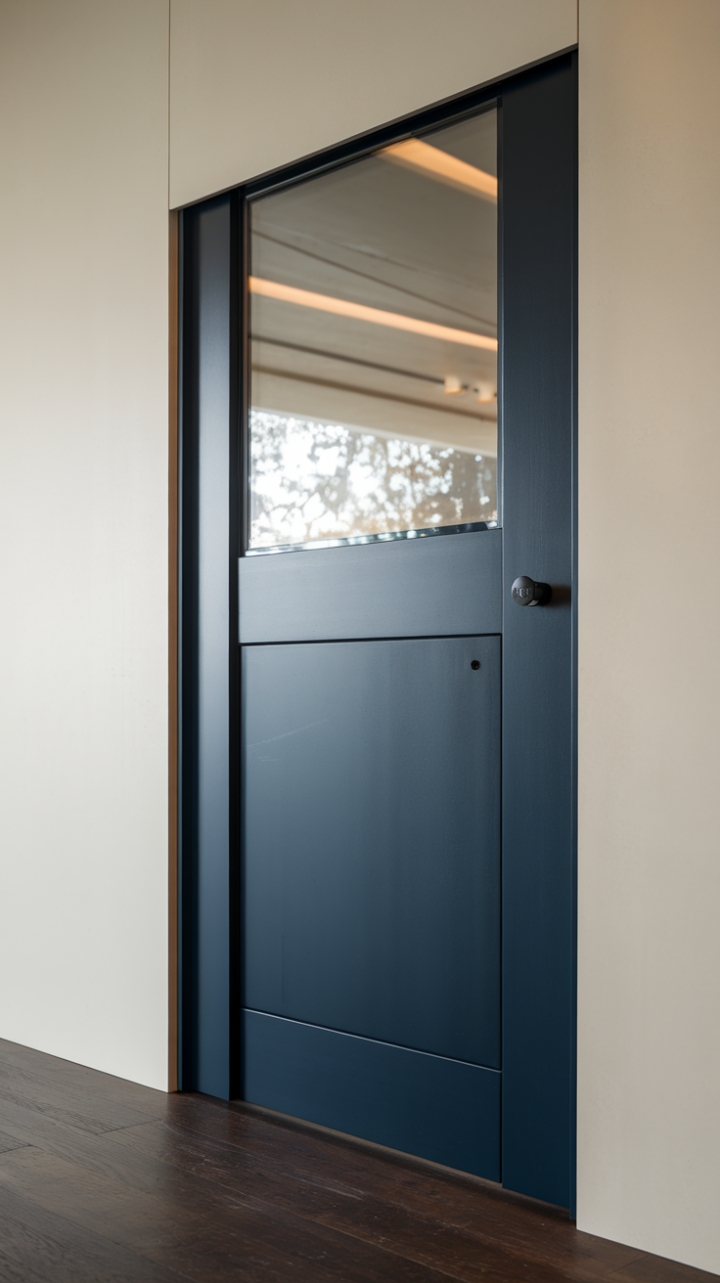 Midnight navy meets minimalist chic. This glossy statement door, punctuated by a sleek glass panel, anchors a sophisticated space with understated drama. The rich blue hue pops against the creamy walls and dark hardwood floors, creating a captivating interplay of light and shadow.