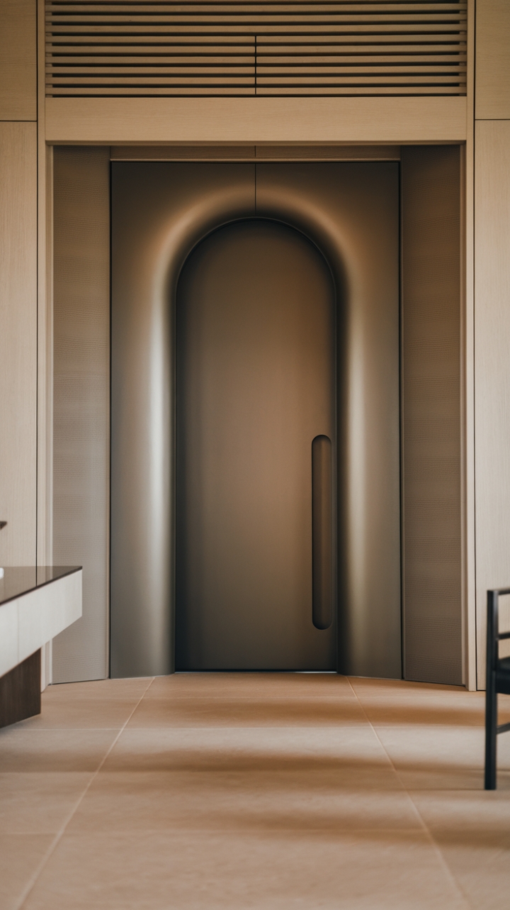 Indulge in understated elegance. This matte grey door, a study in minimalist design, anchors a sophisticated entrance hall. The soft lighting and subtle wood paneling create a haven of calm, perfectly complemented by the sleek console and modern chair.