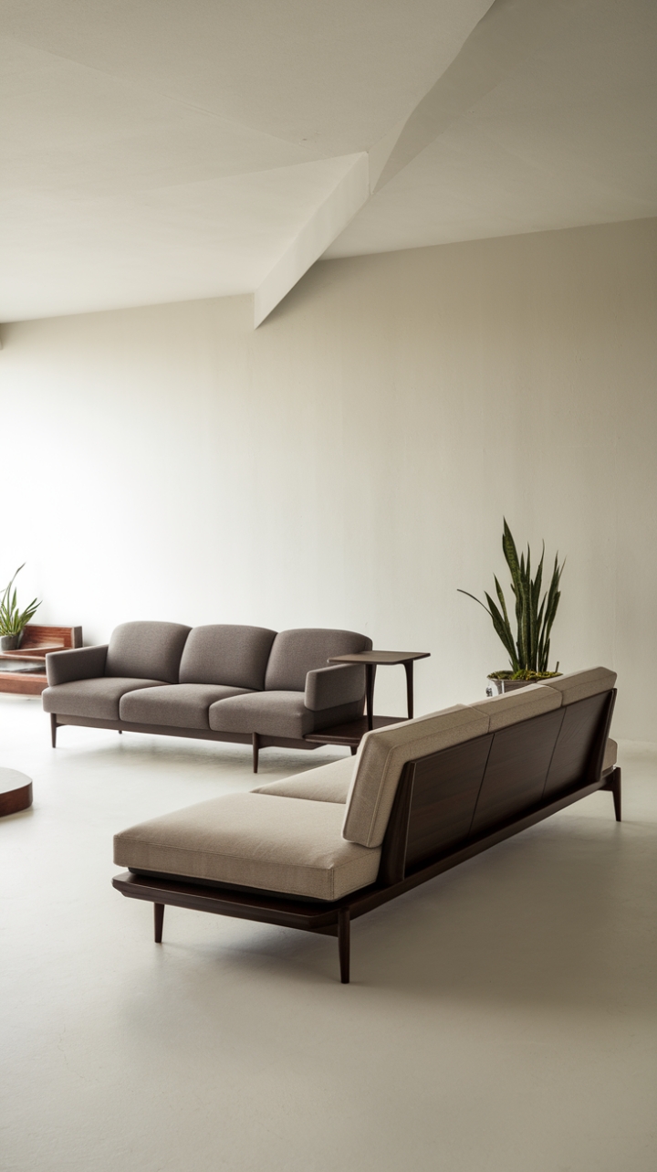 Sculptural lines and sophisticated neutrals define this minimalist living room. A beige sofa and grey sectional, both boasting dark wood frames, create a conversation area brimming with understated elegance. The strategic placement of a single plant and side table adds subtle warmth to the pristine white space.
