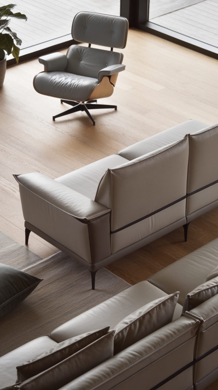 This minimalist living room showcases a stunning interplay of contemporary design elements, featuring a sleek sectional sofa in light grey with a darker base that anchors the space. The lounge chair, perfectly placed by the window, mirrors the sofa's refined upholstery, creating a cohesive look. The warm wooden floor adds a touch of organic charm, while scattered cushions invite comfort and relaxation. A lush potted plant near the window infuses the room with a refreshing burst of greenery, making this inviting space a true sanctuary for modern aesthetics.