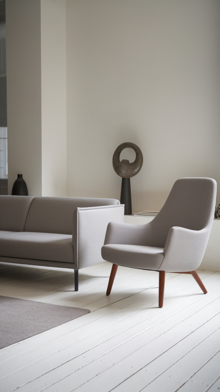 Grey reigns supreme in this stylish minimalist living room. The clean lines of a contemporary sofa and a chic lounge chair, both upholstered in a sophisticated grey fabric, are perfectly complemented by the light wood flooring and carefully curated accessories. A picture of refined modern living.