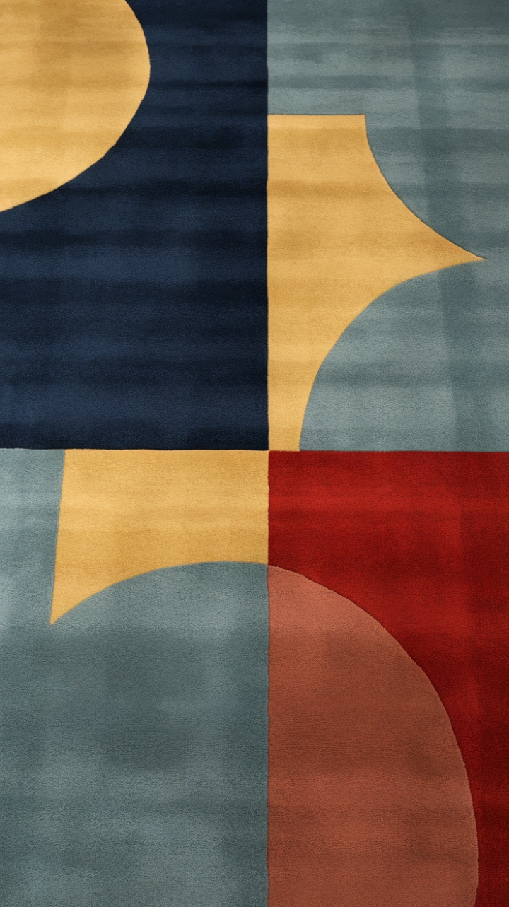 A splash of vibrant color and modern artistry. This geometric rug, featuring dynamic abstract shapes in bold blues, yellows, and reds, is the perfect statement piece for a minimalist interior, adding a touch of unexpected drama to neutral floors.