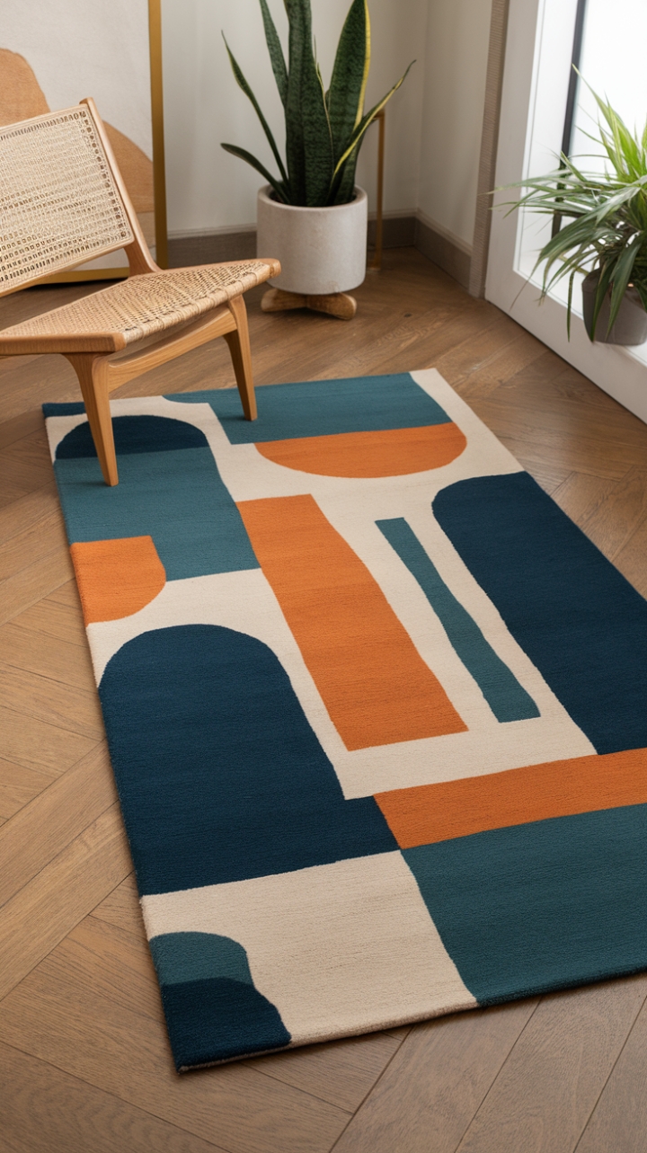 This contemporary rug is a stunning centerpiece that brings a touch of modern sophistication to the room, showcasing a captivating geometric pattern adorned with abstract shapes in vibrant shades of blue, orange, and crisp white. Set against a warm wooden floor, the rug harmonizes beautifully with the minimalist decor, complementing the sleek lines of the chair and the lush greenery of the plant, creating an inviting atmosphere that balances style and comfort.