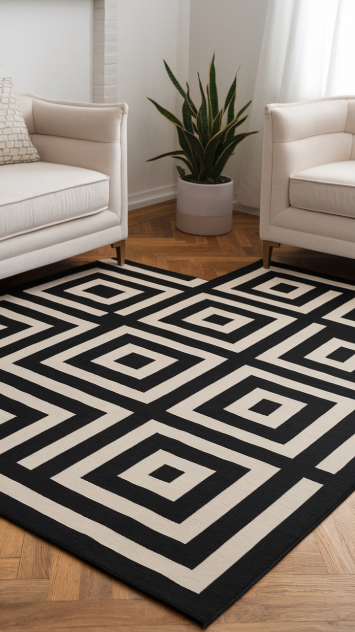 Unleash your inner minimalist with this striking black and white geometric rug. Its bold pattern commands attention while its clean lines complement any contemporary space. The perfect anchor for your living room, this rug adds instant sophistication.
