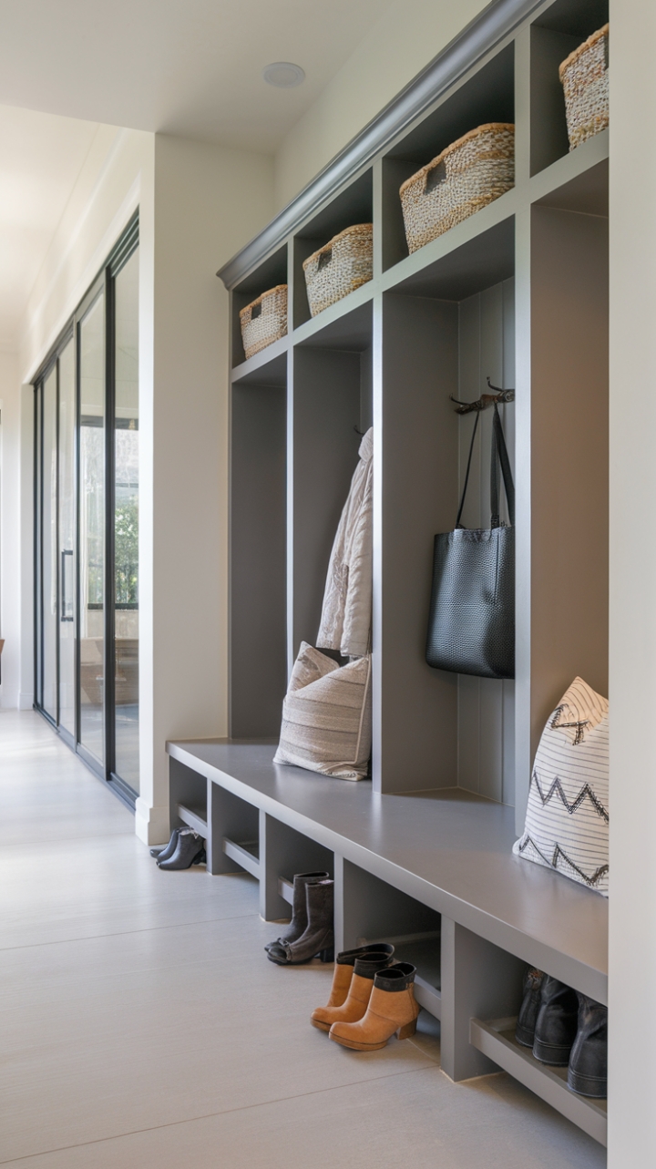 This contemporary mudroom exudes sophistication with its minimalist design, seamlessly blending functionality and style. The sleek storage solutions provide ample space for organization while maintaining a clean aesthetic, making it the perfect entryway for a modern home. Chic accents and thoughtful details enhance the overall ambiance, creating a welcoming atmosphere that sets the tone for the rest of the hallway.