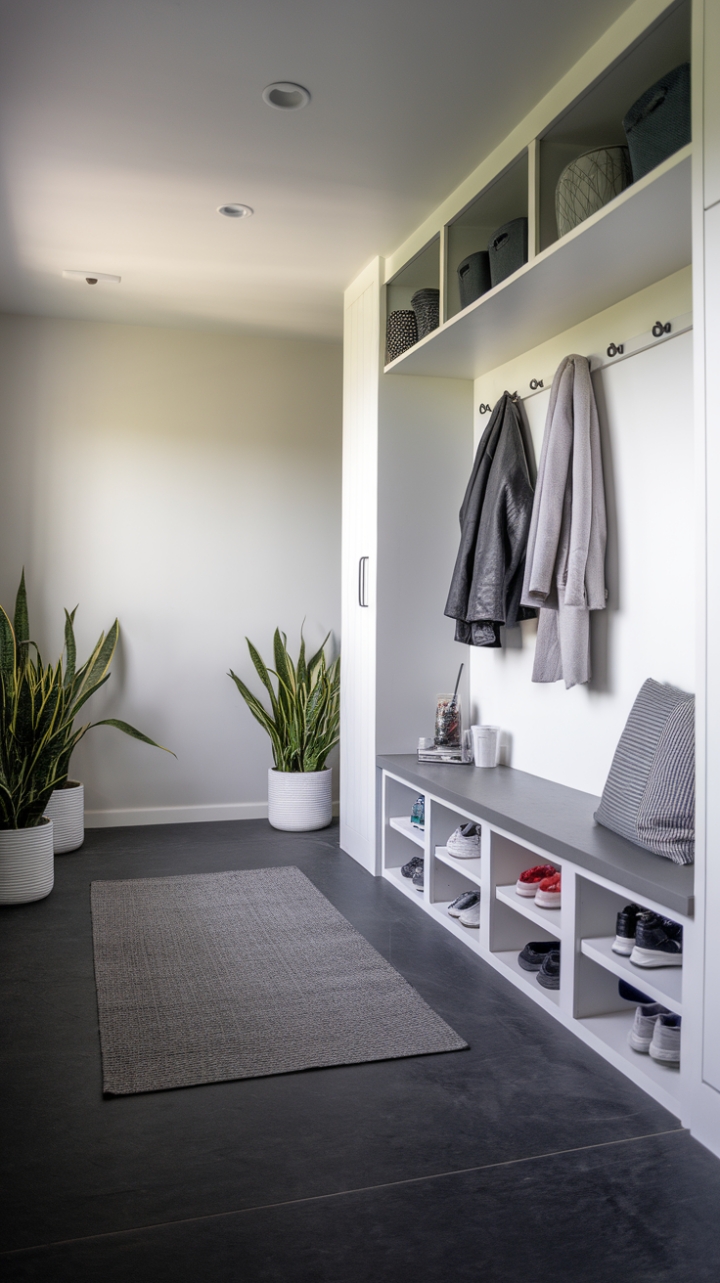 A minimalist's dream: This mudroom redefines entryway organization. Dark gray floors ground the bright white walls, while a curated selection of accessories adds personality without sacrificing the space's serene atmosphere. Functional beauty at its finest.