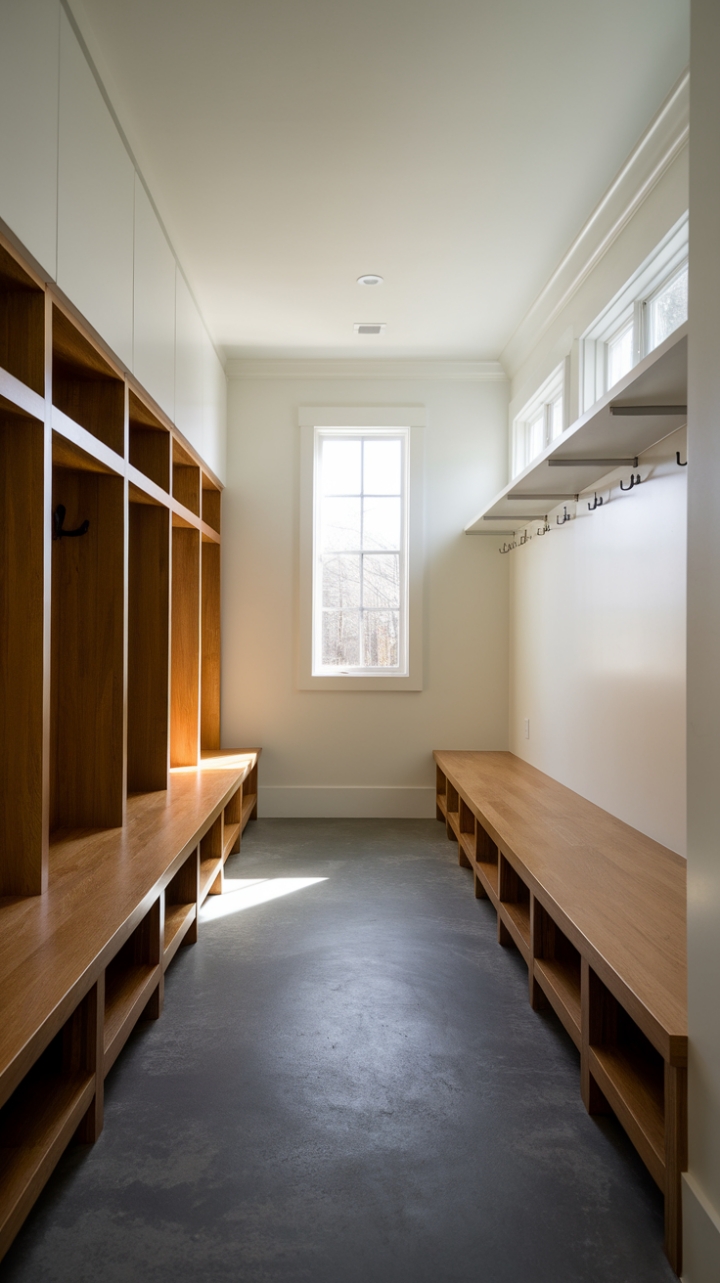 This contemporary mudroom embodies the essence of minimalist design, where functionality meets style in perfect harmony. A striking wooden cabinet with multiple shelves offers ample storage, while a sleek bench with hidden compartments invites you to sit and unwind. The hanging rod for coats adds practicality, ensuring everything has its place. The cool grey concrete floor contrasts beautifully with the crisp white walls, creating a serene backdrop that enhances the room's spacious feel. Bathed in natural light from the strategically placed window near the ceiling, this mudroom is not just a transitional space but a welcoming entryway that sets the tone for the rest of the home.