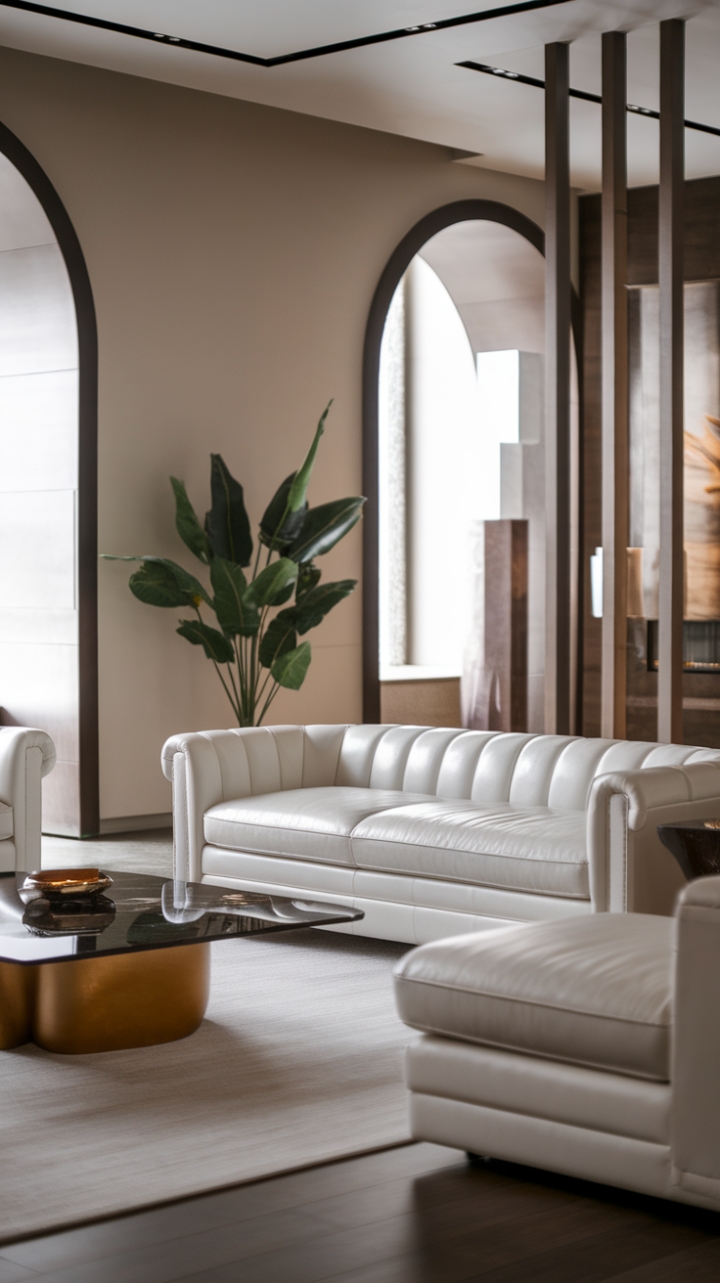 In this stunning contemporary living room, minimalist luxury takes center stage, showcasing a perfect blend of elegance and comfort. The immaculate white leather sofa serves as a focal point, complemented by a chic glass coffee table that reflects the room's sophisticated design. With its bright white walls and rich wooden flooring, the space feels both airy and grounded, while a tasteful potted plant adds a refreshing touch of nature, making this living area a true haven of modern style.