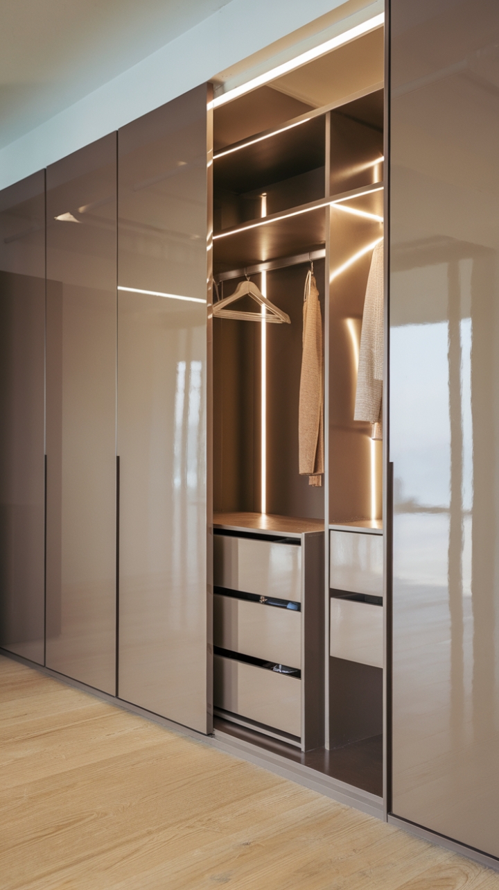 Uncluttered chic meets streamlined style. This glossy wardrobe, a minimalist masterpiece, promises a sanctuary of order and sophisticated simplicity. Its clean lines and reflective surface add a touch of modern glamour to any space. The perfectly organized interior hints at a life lived with intention.