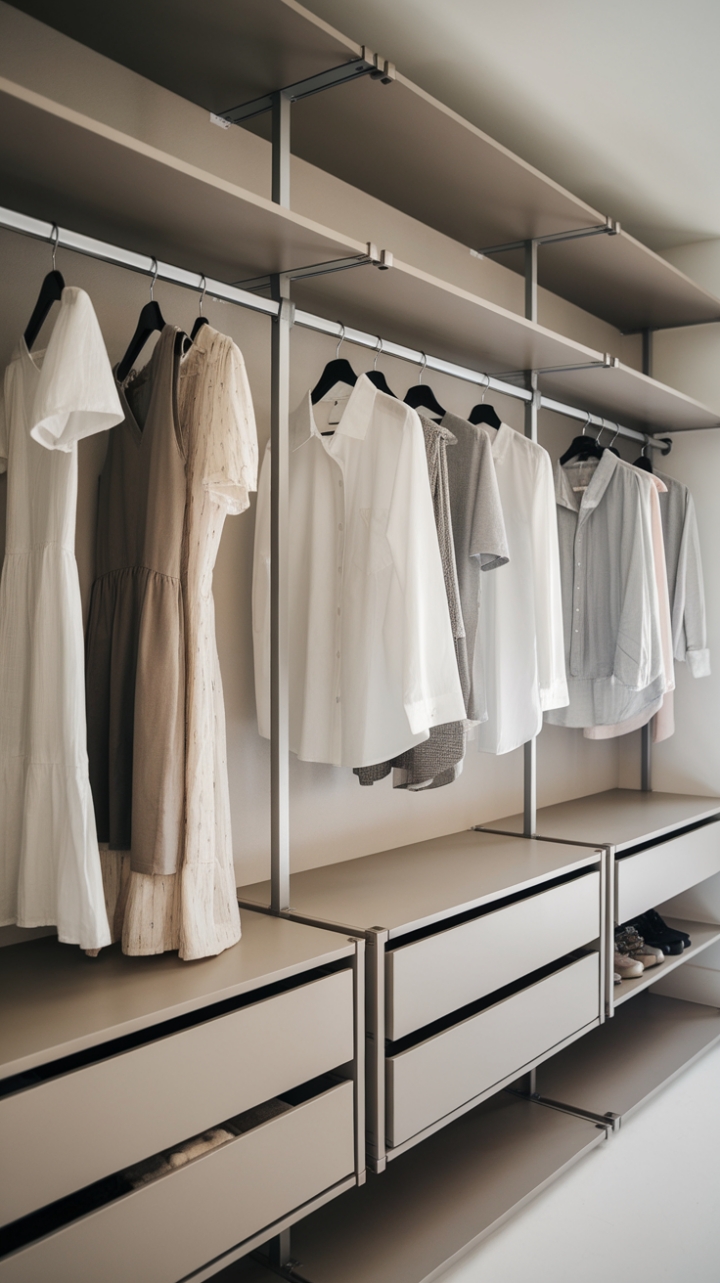 Embracing a contemporary aesthetic, this minimalist closet redefines storage with its clean lines and understated elegance. The thoughtfully arranged hanging rods showcase a stylish assortment of clothing, from flowing dresses to tailored shirts, while the subtle shelving adds a touch of practicality. The pristine white backdrop enhances the overall tranquility of the space, making it a perfect retreat for those who appreciate the beauty of simplicity in their home decor.