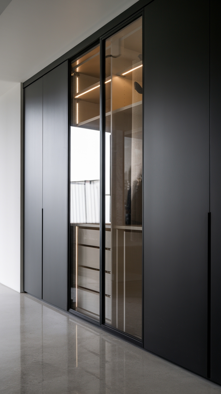 Unveiling understated elegance: This matte black wardrobe, a study in minimalist form, commands attention with its sleek lines and frosted glass peek-a-boo door. The polished concrete floor provides the perfect industrial-chic counterpoint. A statement piece for the modern home.