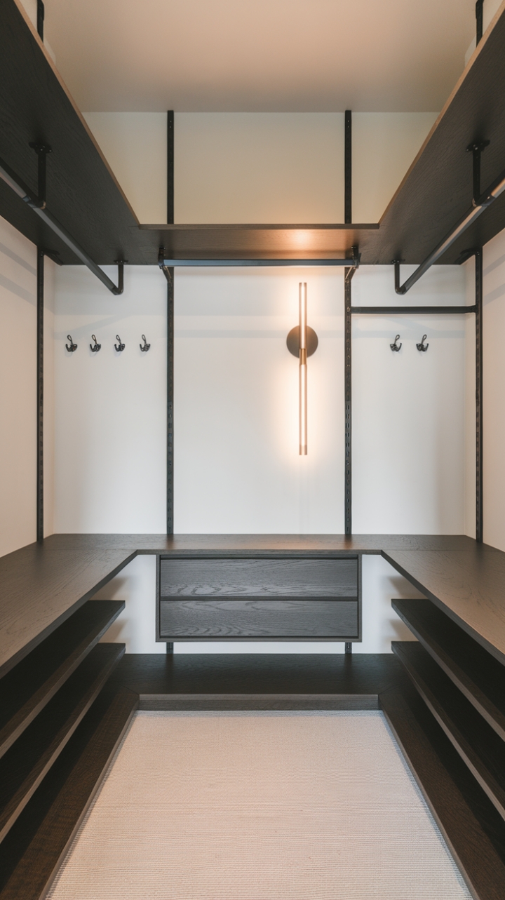 This modern closet exudes sophistication with its sleek, contemporary wardrobe crafted from rich dark wood, showcasing a minimalist design that prioritizes both style and functionality. The wardrobe features a few well-placed shelves and a hanging rod, creating an organized yet chic space. A light carpet underfoot adds warmth, while the wall behind the wardrobe is adorned with stylish hooks and a decorative light fixture, enhancing the overall aesthetic. The clean lines and simple forms come together to create a serene retreat that embodies modern elegance.
